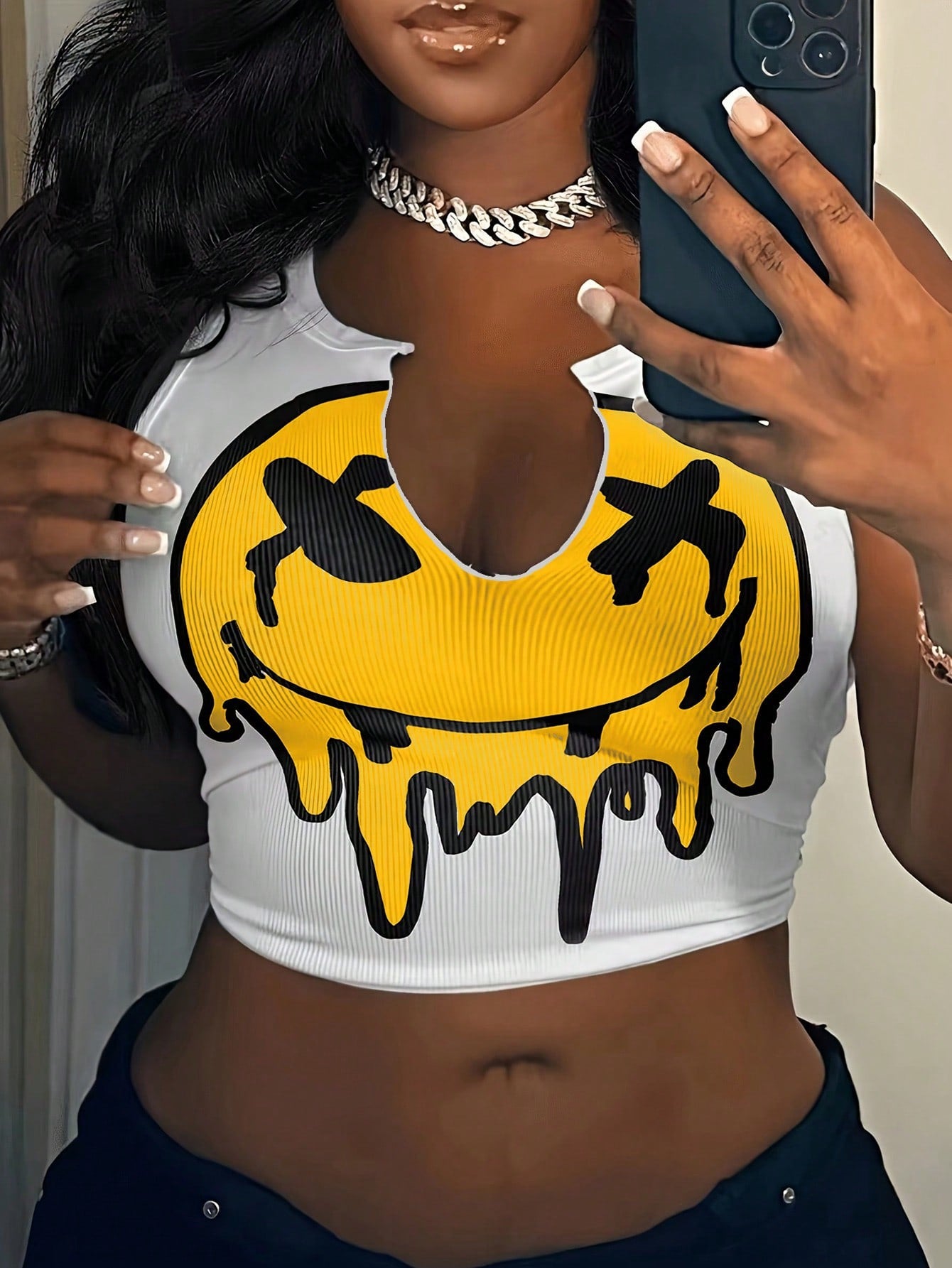 Plus Size Women's Casual Yellow Cutout Smiling Face Printed White Tank Top, Easy To Match Hollow Out Knitted Casual Outfit, Ribbed Fabric