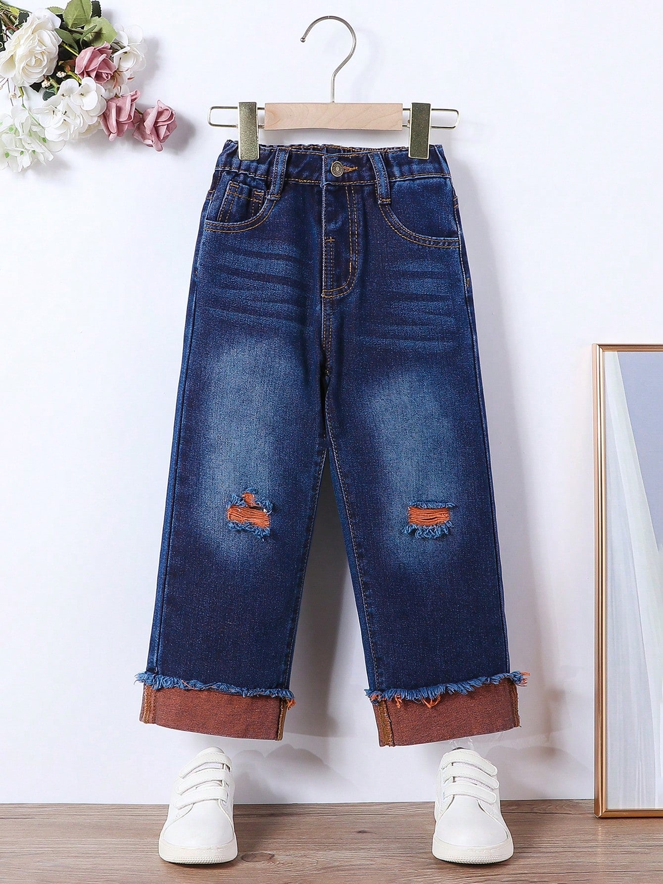 Streecool Kids Young Girl Ripped Loose Fit Wide Leg Jeans With Raw Hem