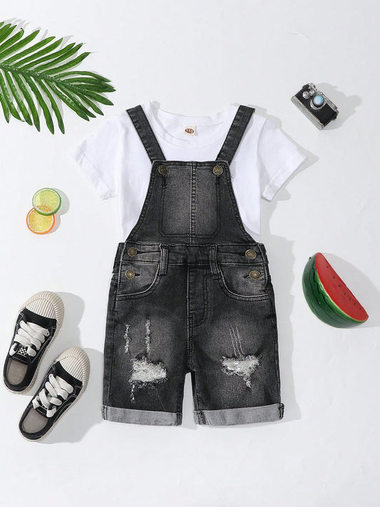 Streecool Kids Boys' Vintage Distressed Denim Overalls Shorts, With Comfortable Elastic Waist And Frayed Hems