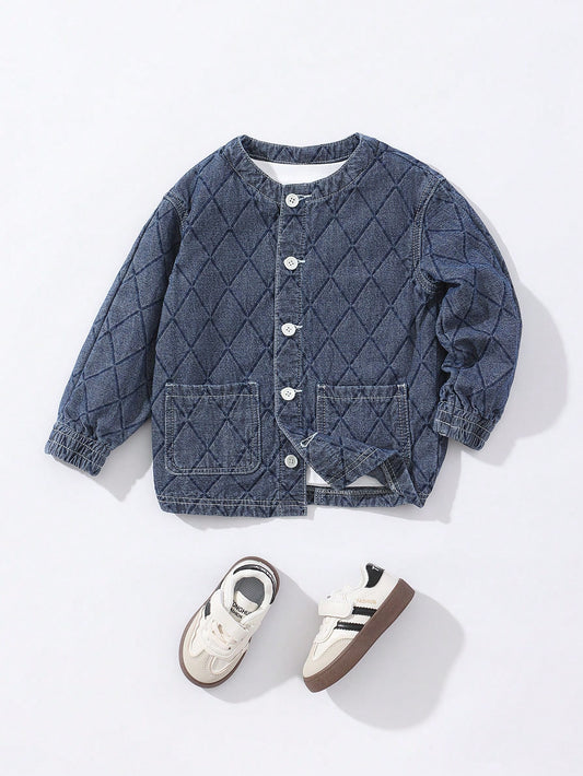 YOUNG BOY Retro Casual Dark Blue Washed Diamond Jacquard Flat Pockets Round Neck Jacket