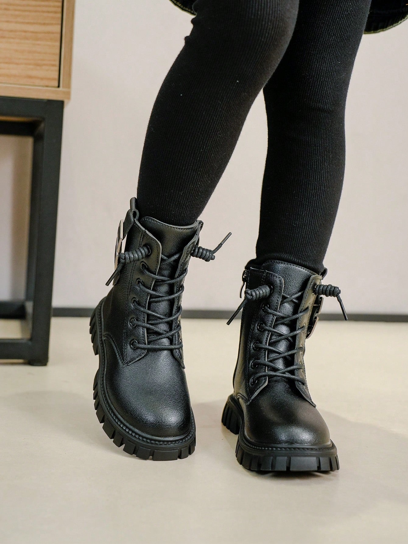 Children's Buckle Decorated  Boots, With Front Lace-Up And Side Zipper Design