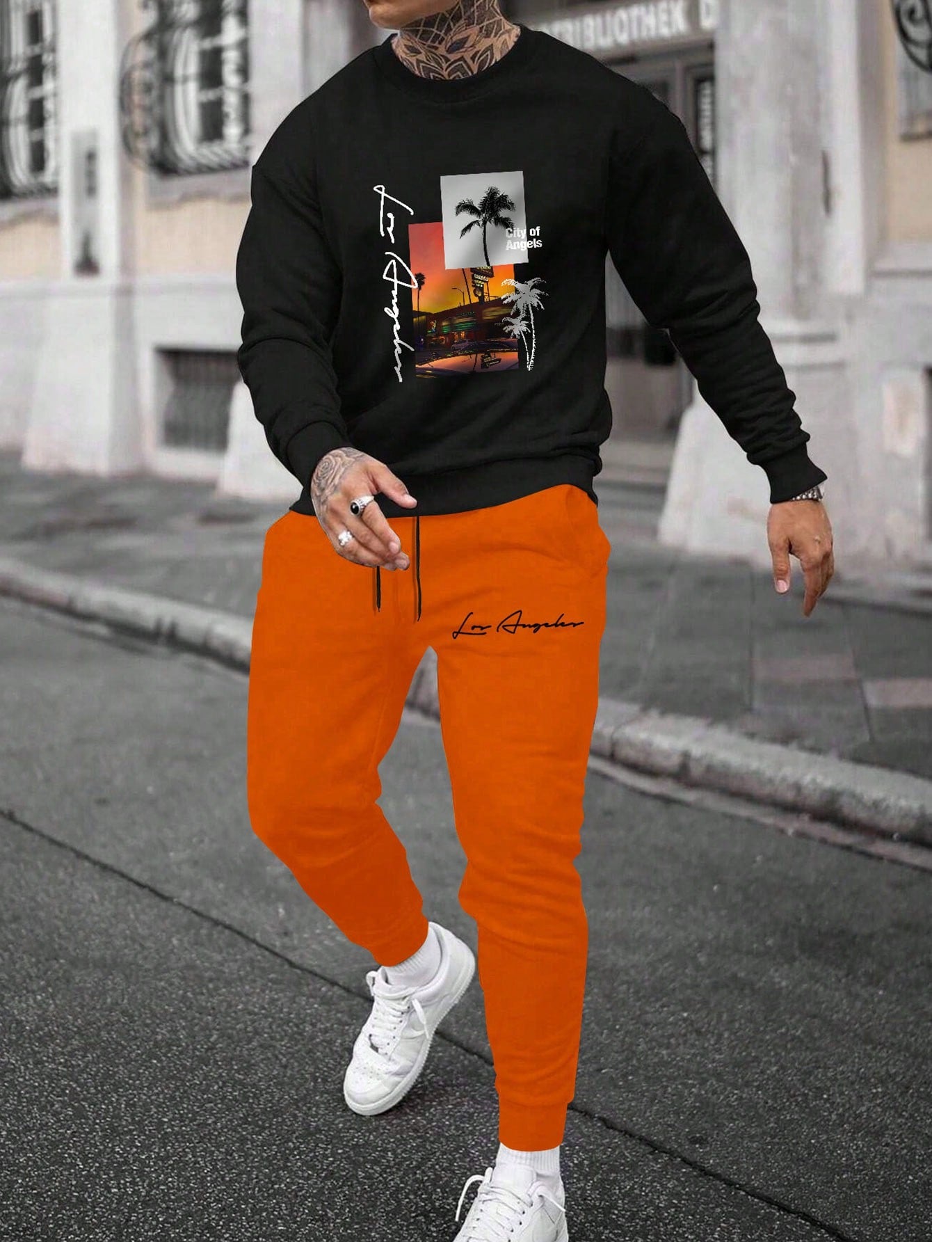 Men Plus Letter Graphic Sweatshirt & Drawstring Waist Sweatpants