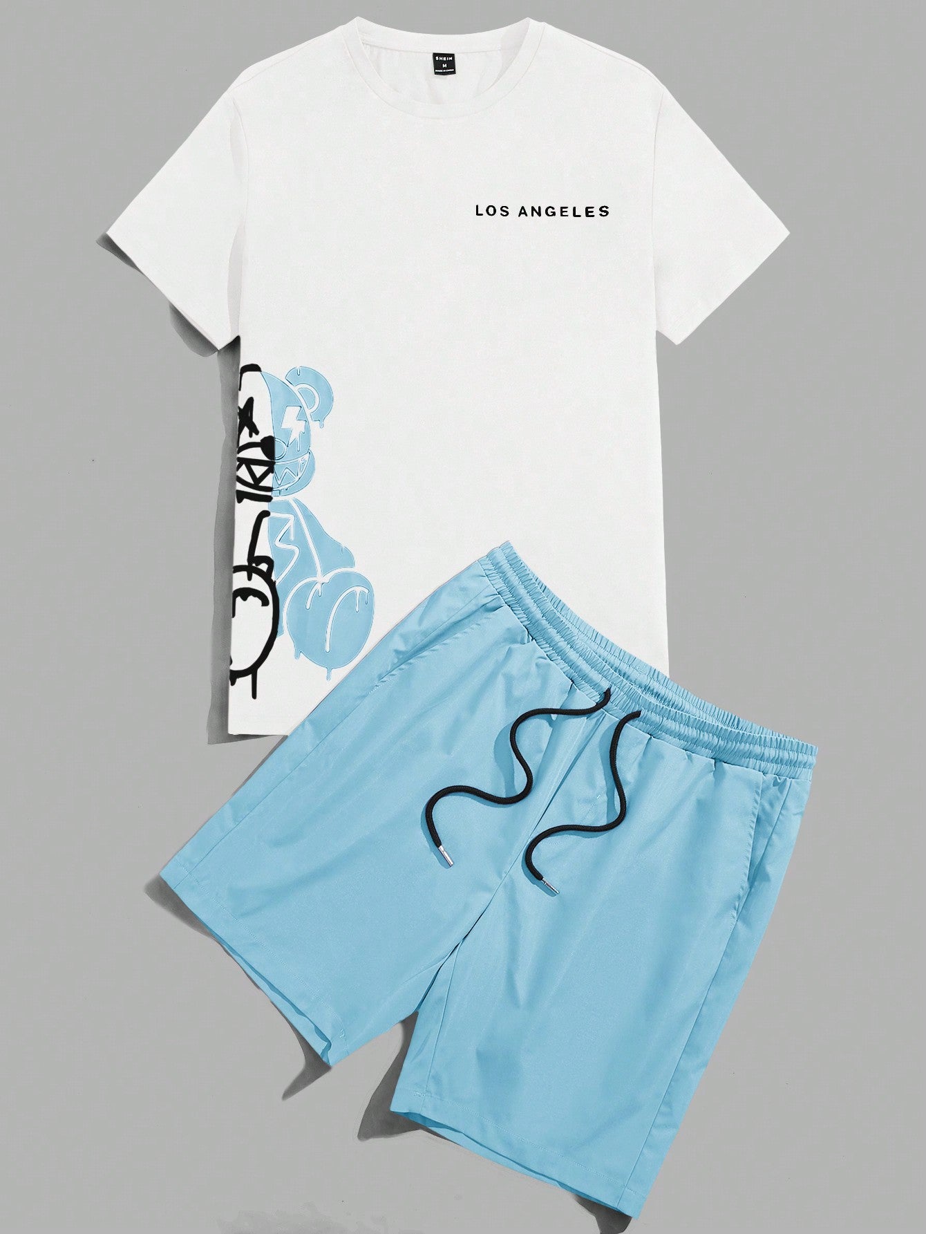 Men Bear & Letter Graphic Tee & Drawstring Waist Shorts