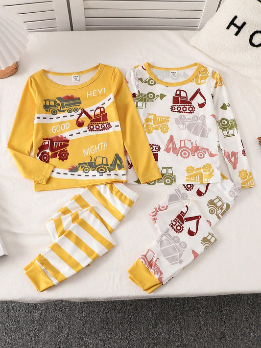 2pcs Toddler Boys' Casual Construction Vehicle Print Striped Snug Fit Long Sleeve Shirt And Pants Pajama Set