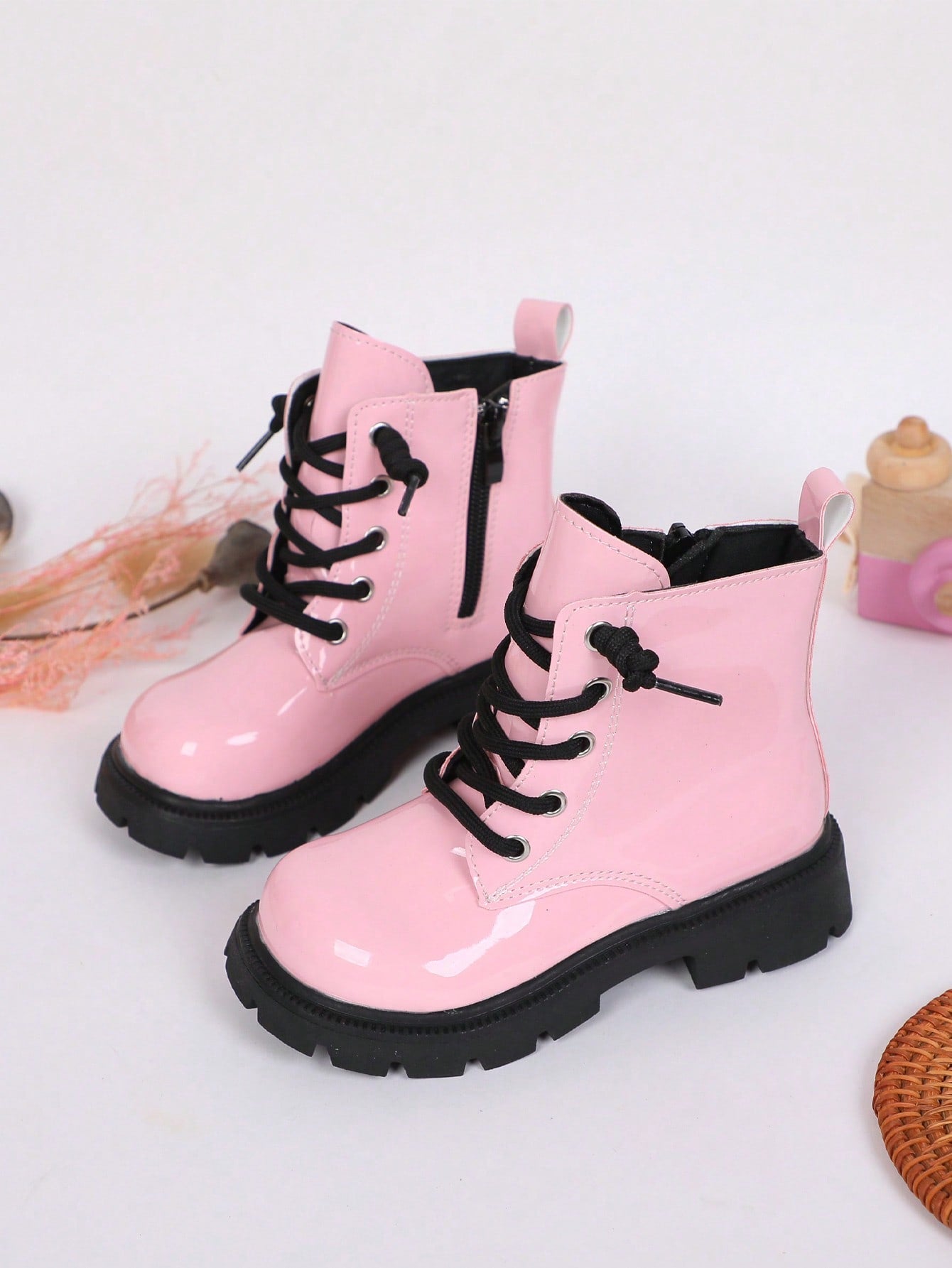 Children's Short  Boots, Lace-Up Zipper Side, Girls' Toddler, Mid-Size Casual Winter Boots With Fur Lining And Slip-Resistant Patent Leather