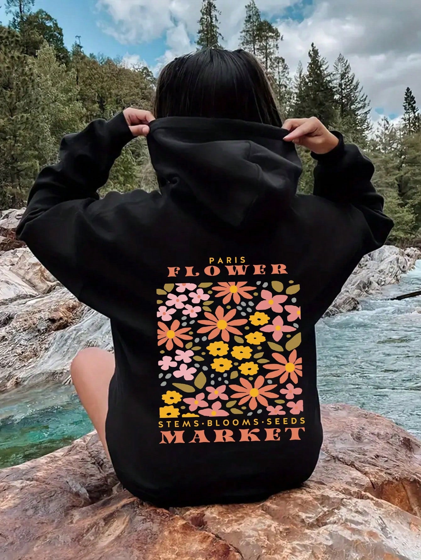 Casual Hooded Flower And Letter Printed Loose Long Hoodie With Fleece Lining