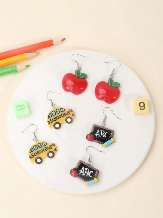 6pcs/Pack Cute Resin Apple & Bus Shaped Earrings For Children, Back To School Season