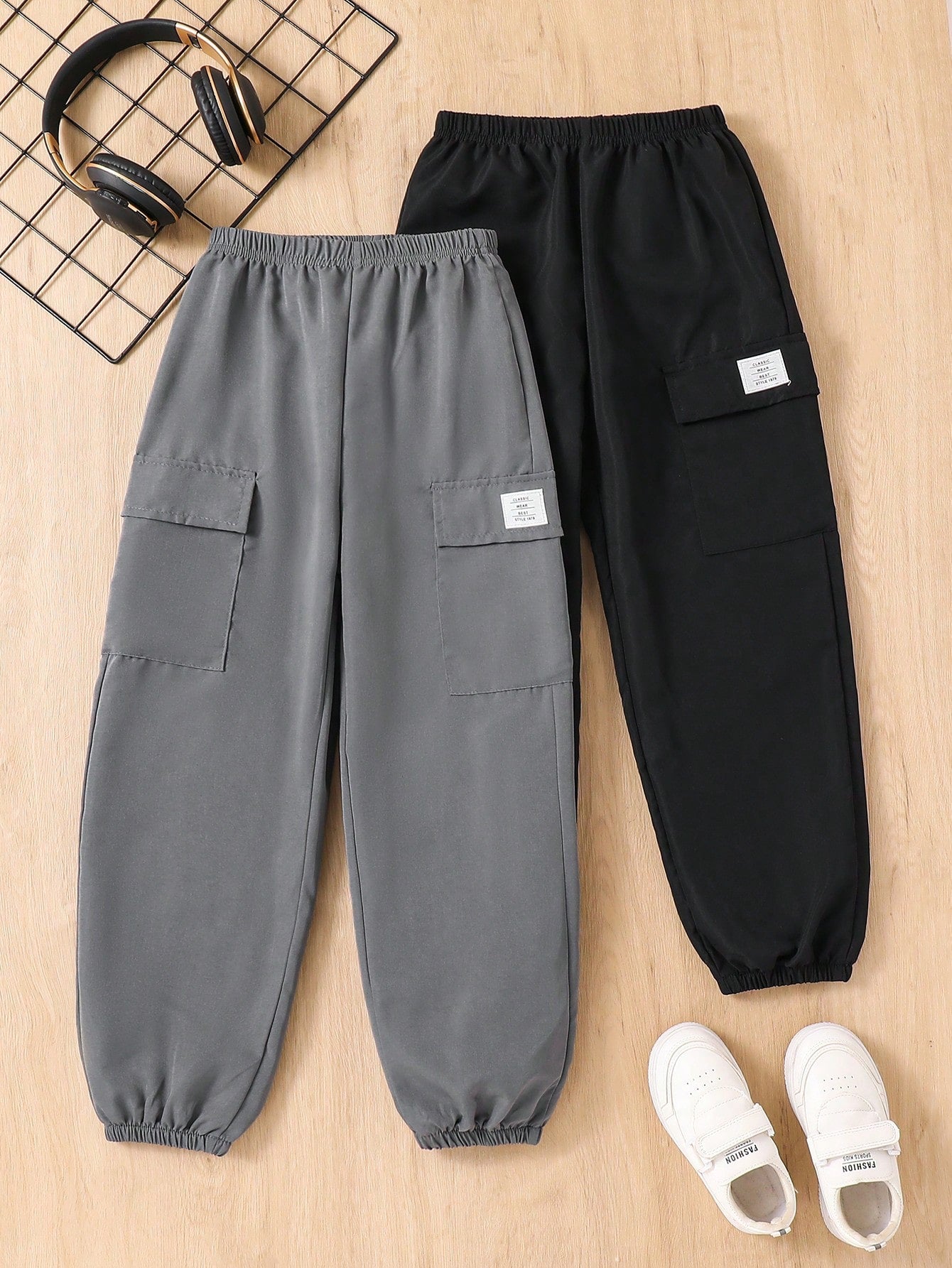 2pcs Young Boys' Casual Cargo Pants With Letter Detail, Slim Fit