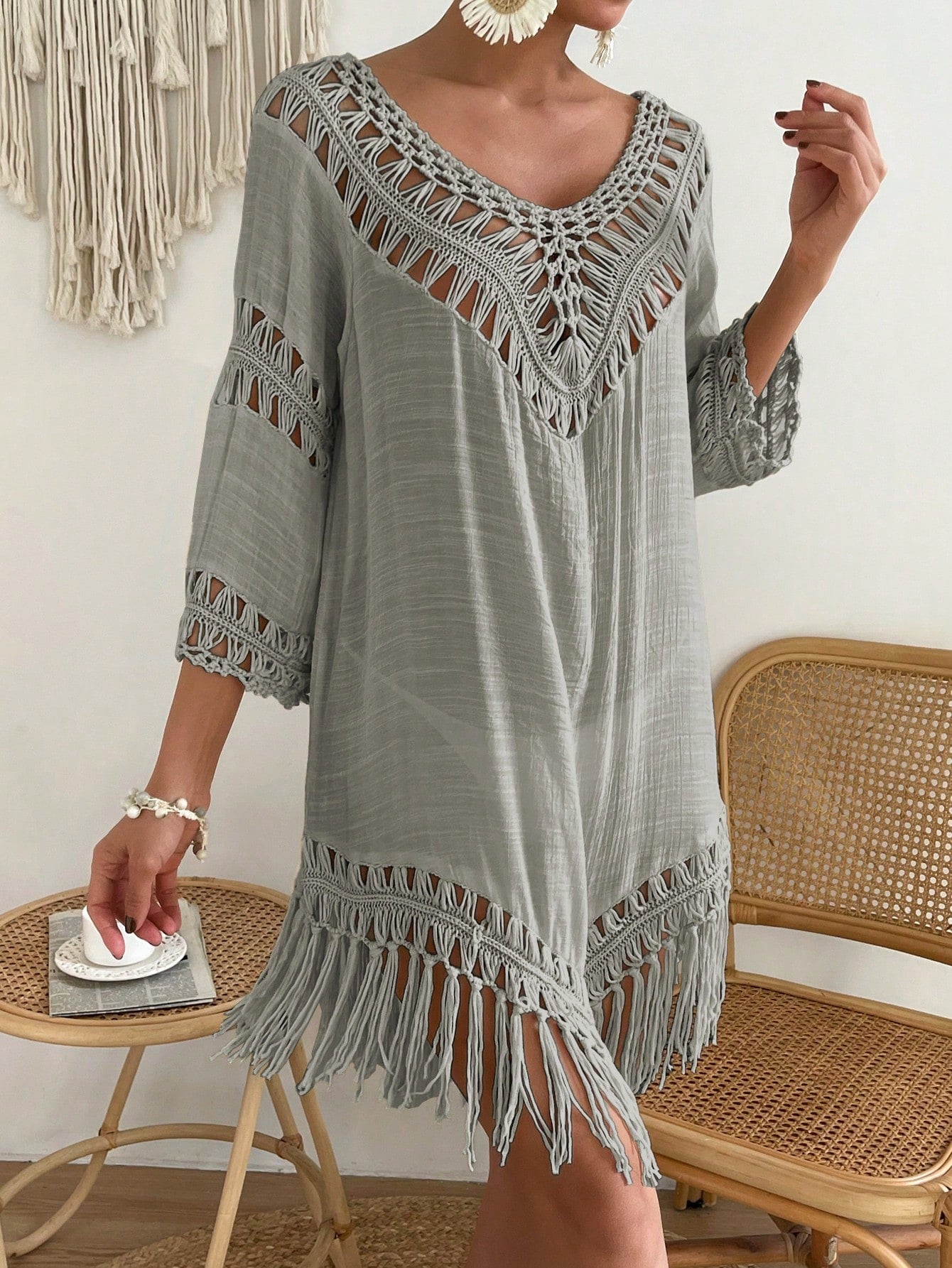 Swim Fringe Hem Crochet Cover Up Dress,Summer Beach