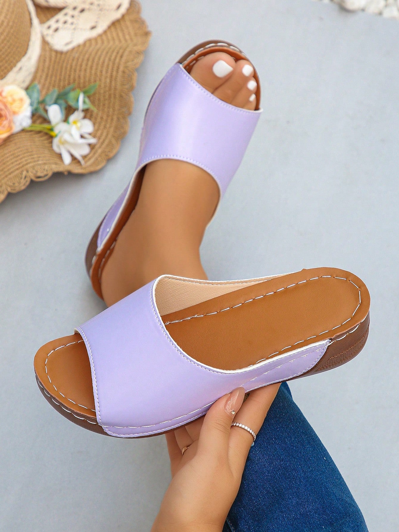 Ladies' Comfortable Outdoor Anti-Slip Simple Solid Color Round Toe Wedge Heel Sandals, Casual Style, Daily Wear, Simple And Lightweight, Orange Slippers, Women's Large Size 36-45