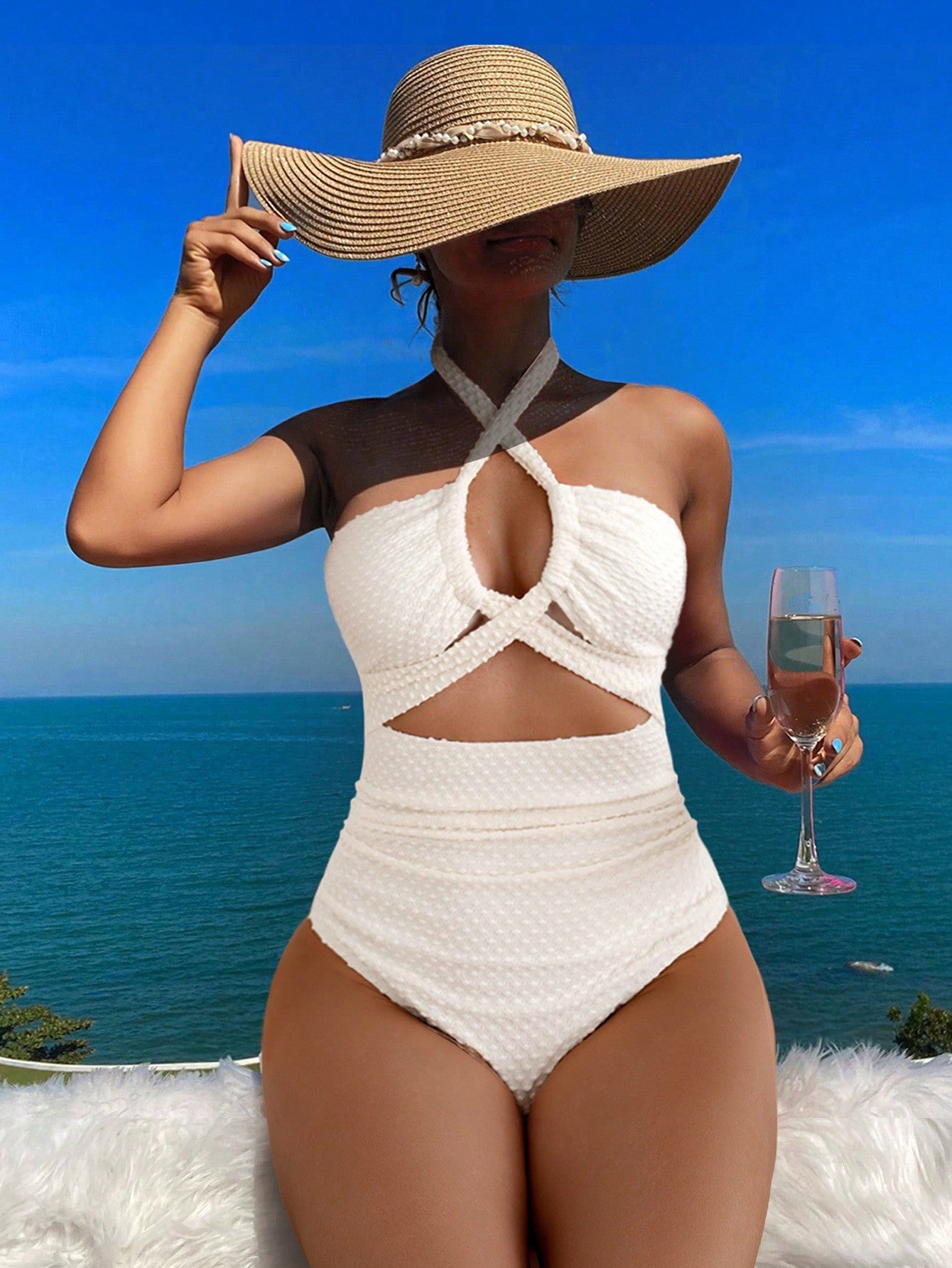 Swim Summer Beach White Cut Out Halter One Piece Swimsuit