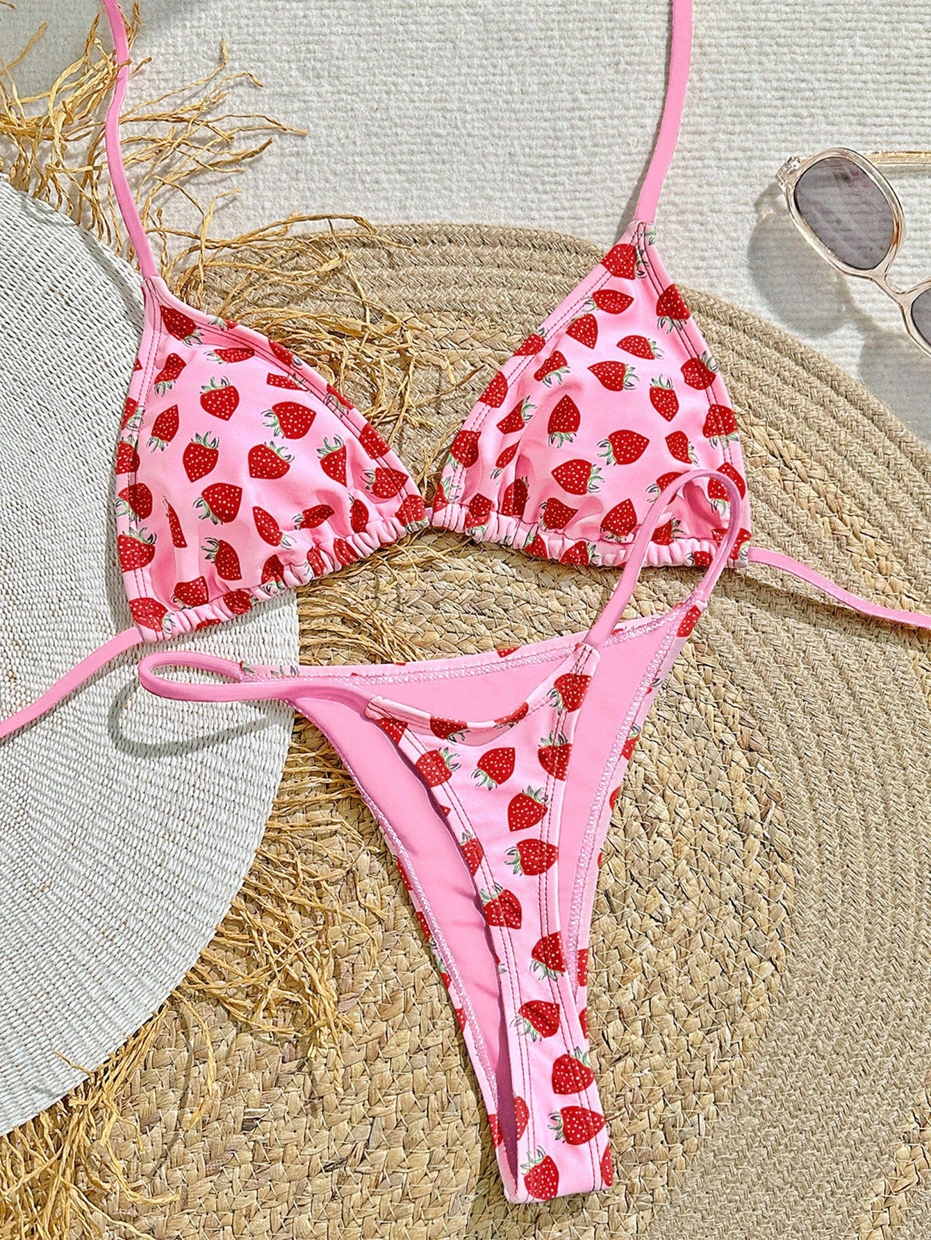 Swim Mod Strawberry Print Vacation Matching Halter Triangle Bralette And Bikini Set, Summer Beach