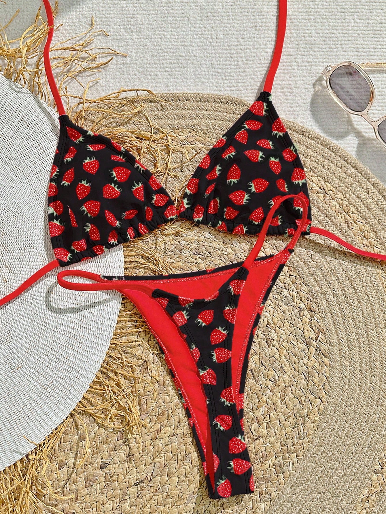 Swim Mod Strawberry Print Vacation Matching Halter Triangle Bralette And Bikini Set, Summer Beach