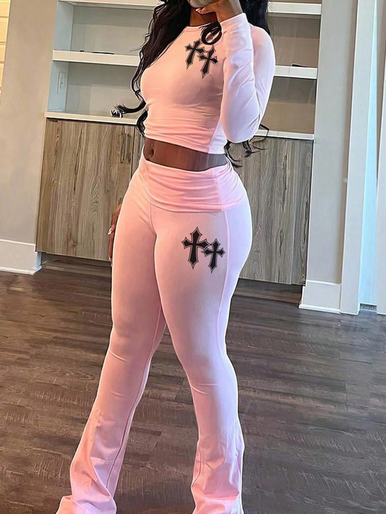 Cute And Elegant Date Night Crop Top With Round Neckline, Long Sleeves, Cross-Shaped Icon Print, Low-Waisted Bell-Bottom Pants And Cross-Shaped Icon Print Skinny Leggings Pink Outfit, Women's 2pcs Set