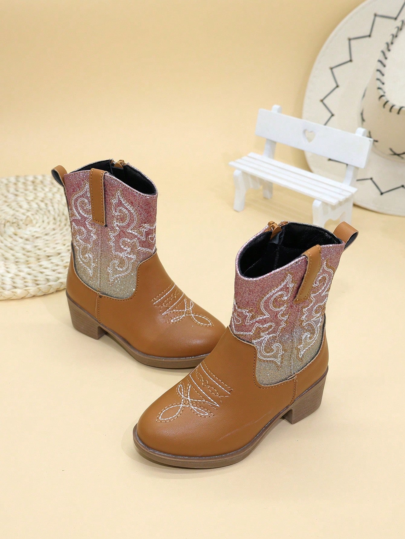 Childrens Boots Girls Shoes High Boots Mid-Calf Boots Embroidered High Heels Western Cowboy Boots Pointed Side Zipper