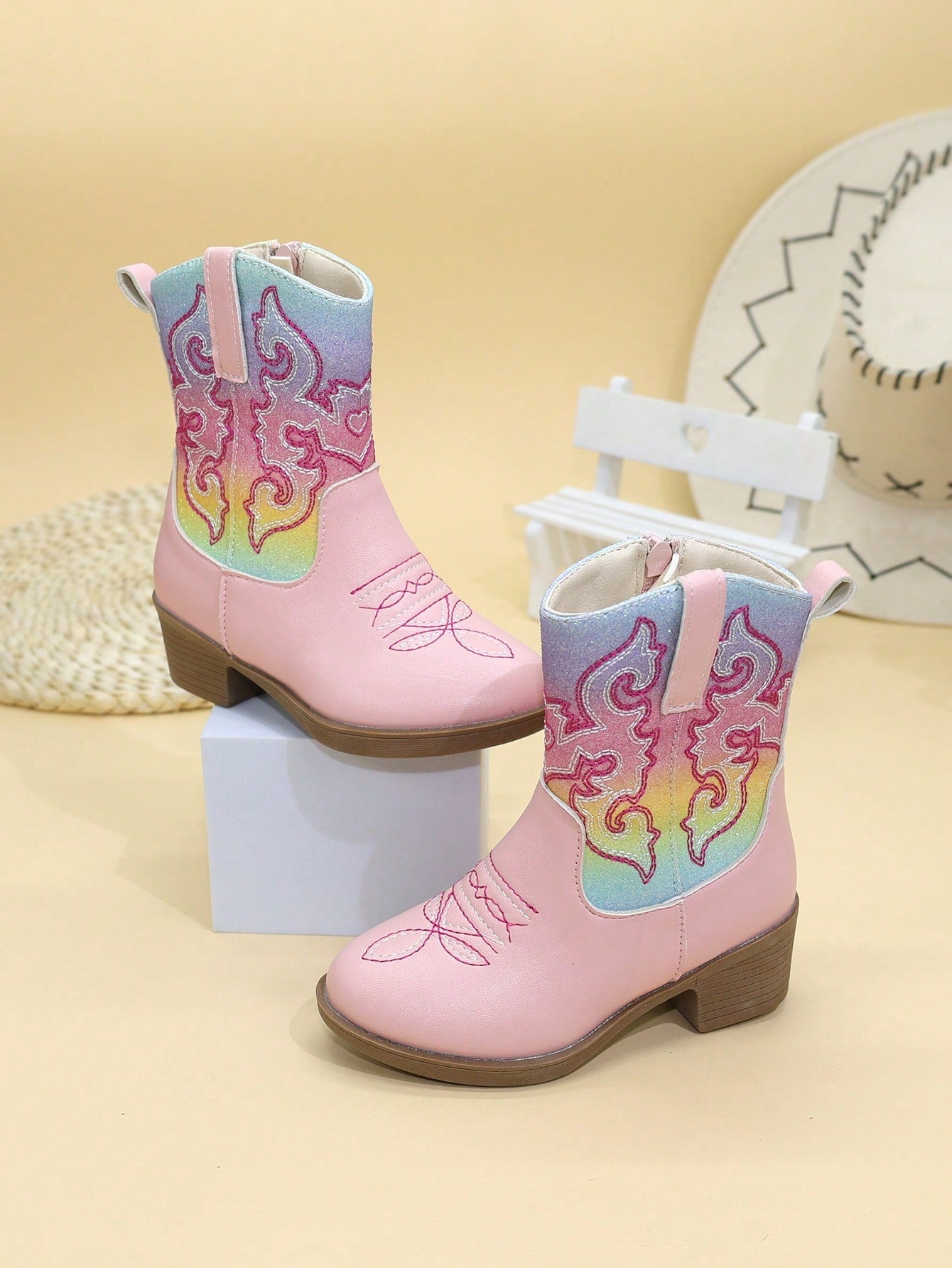 Childrens Boots Girls Shoes High Boots Mid-Calf Boots Embroidered High Heels Western Cowboy Boots Pointed Side Zipper