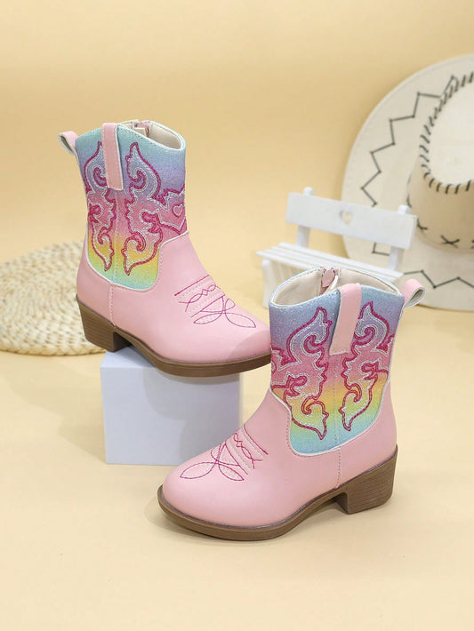 Children's Boots For Girls - Over Knee And Middle Tube Embroidered High Heels, Western Cowboy Boots With Pointed Toe And Side Zipper