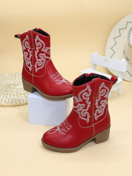 Childrens Boots Girls Shoes High Boots Mid-Calf Boots Embroidered High Heels Western Cowboy Boots Pointed Side Zipper