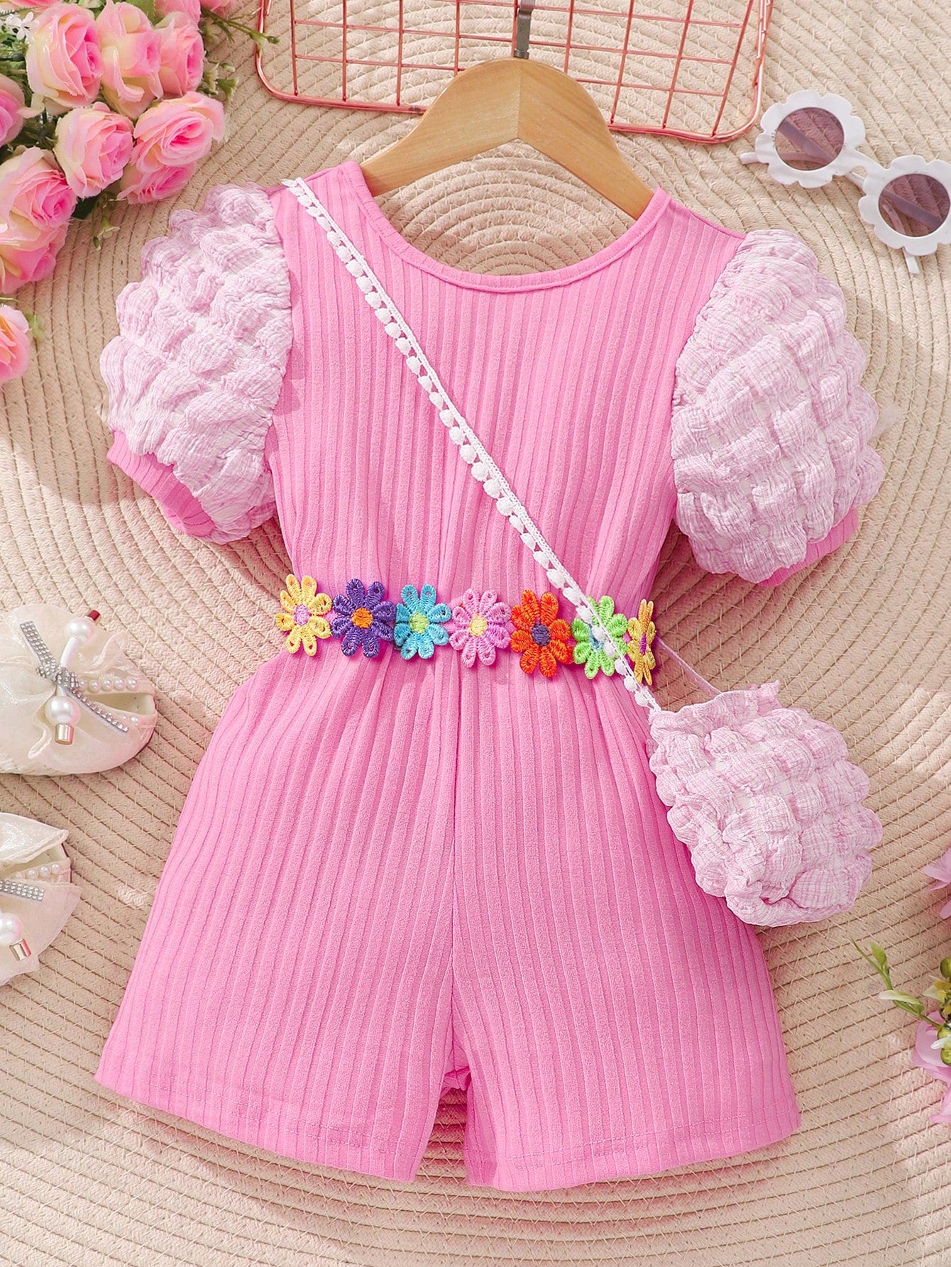 Young Girl Short-Sleeved Bubble Texture Jumpsuit With Crossed Back And Knit Stripe Fabric [Including Bag]