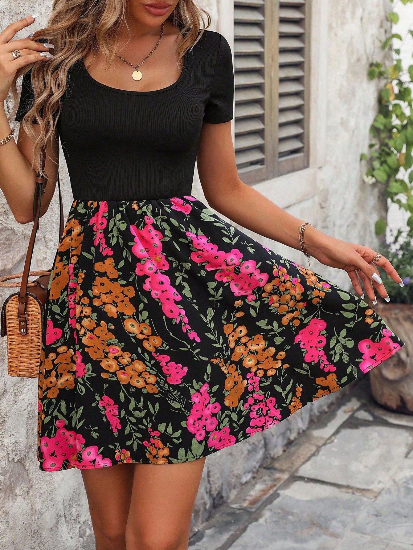 Floral Print Scoop Neck Dress