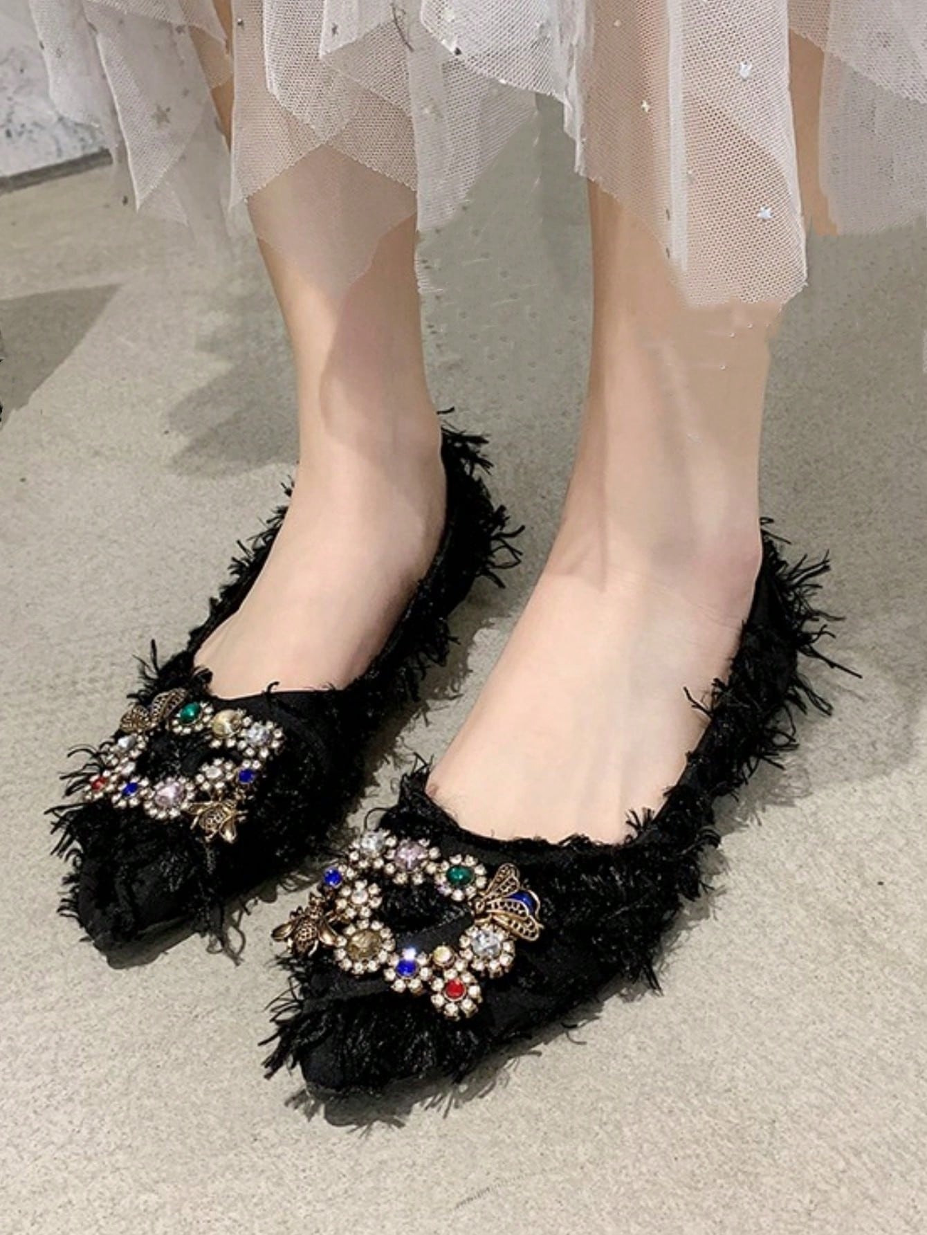 2024 New Arrival Women's Shoes With Rhinestone Decor, Sweet Style With Pearl Embellishment, Round Toe Shallow Mouth Flat Heel Slip-On Shoes, Anti-Slippery Soft Bottom, Shiny Glitters And Mary Jane Design, Plus Size