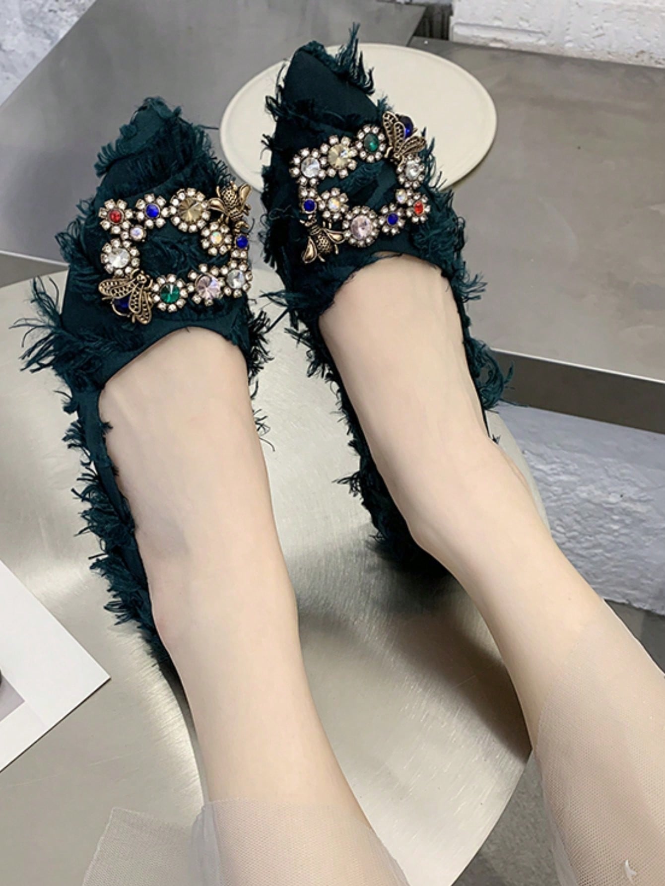 2024 New Arrival Women's Shoes With Rhinestone Decor, Sweet Style With Pearl Embellishment, Round Toe Shallow Mouth Flat Heel Slip-On Shoes, Anti-Slippery Soft Bottom, Shiny Glitters And Mary Jane Design, Plus Size