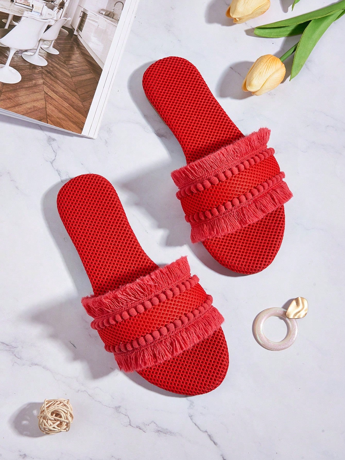 Women Orange Raw Trim Design Flat Sandals, Funky Open Toe Slide Sandals For Summer