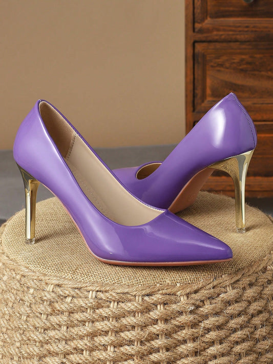 Women's Fashionable And Comfortable Shallow Mouth Pointed Toe Pumps With 9cm Fine Heels, Ideal For Shopping, Vacation, Travel And Outdoor Activities, Stylish Retro Design With Casual And Elegant Purple Shoes