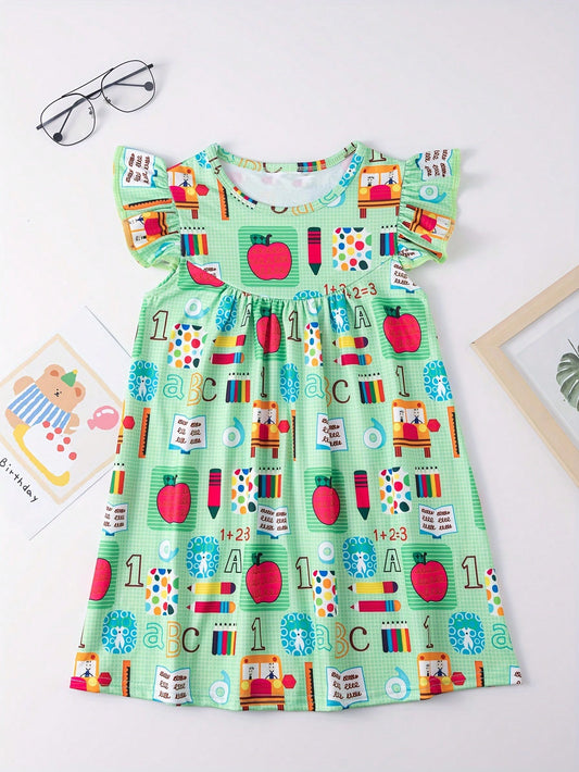 Young Girl Cartoon Fruit Pencil Graphic Flutter Trim Dress Summer Back To School