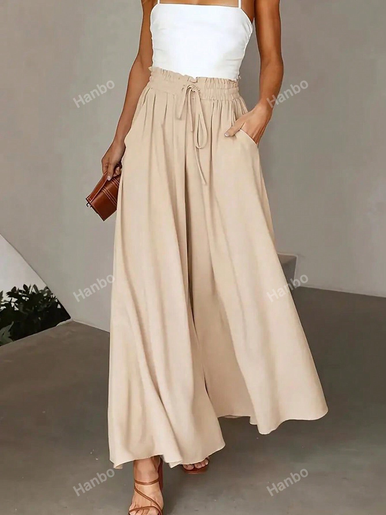 Paperbag Waist Slant Pocket Wide Leg Pants