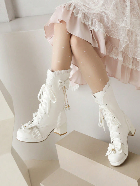 Autumn And Winter New Sweet Bowknot Short Boots, Fashionable Thick Heel Round Toe Women's Shoes, Beige Lolita  Boots