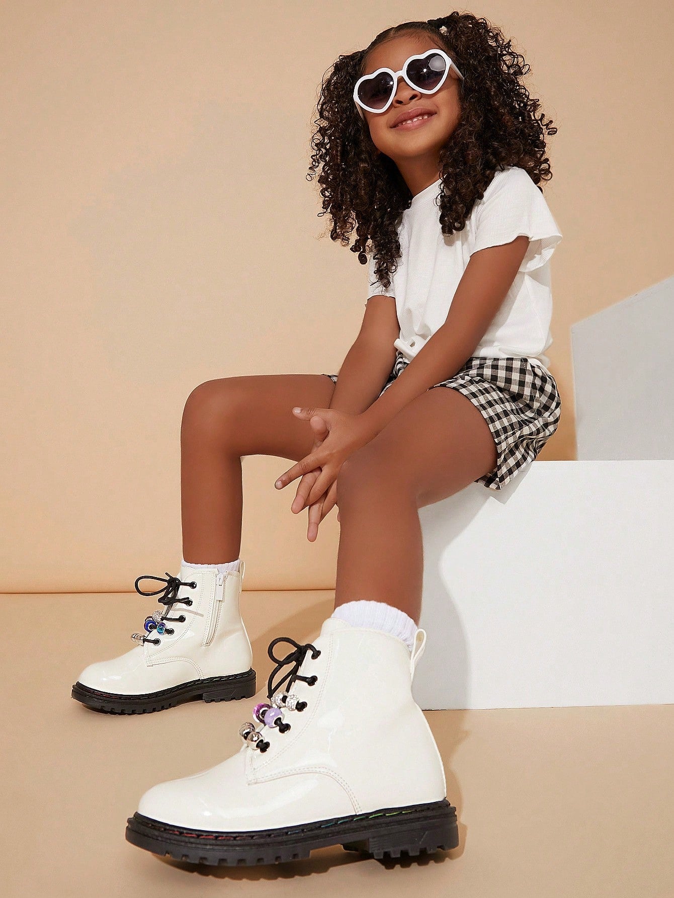 Mini mi Kids Cute White Pat Side Zippered Closure With Lace Up  Booties:Beads Detailing For A Cool Look,Comfort, Fashion And Imagination