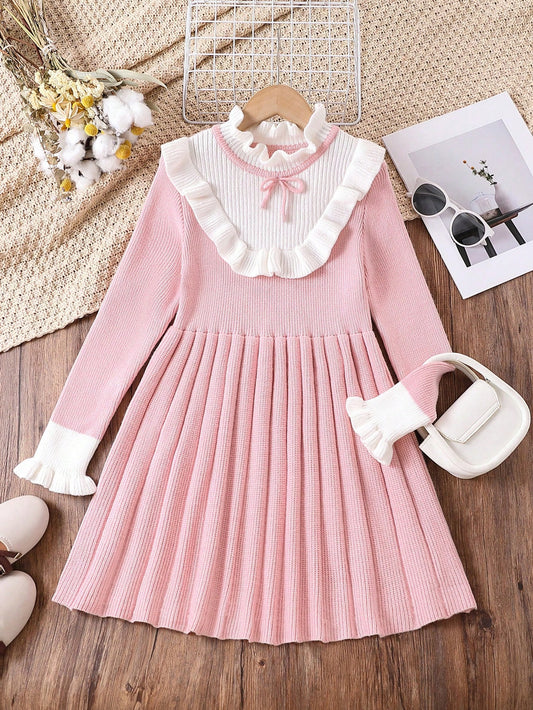 Tween Girl Fashionable, Casual, Trendy, Lovely, Comfortable, Soft, Simple, Elegant, Versatile Pink Knitted Sweater Dress With Ruffled Collar, Bow Knot, And Patchwork, Suitable For Daily Wear, Travel, Outdoor Activities, Parties, And Fall/Winter Seasons