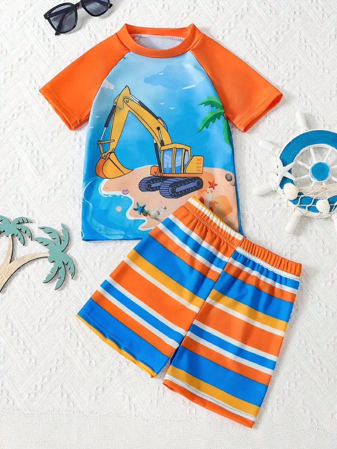 2pcs Young Boys Cartoon Beach Excavator Pattern Swimwear, T-Shirt & Striped Swim Trunks Set, Stretchy Boys Swimwear Beachwear For Summer Beach Vacation