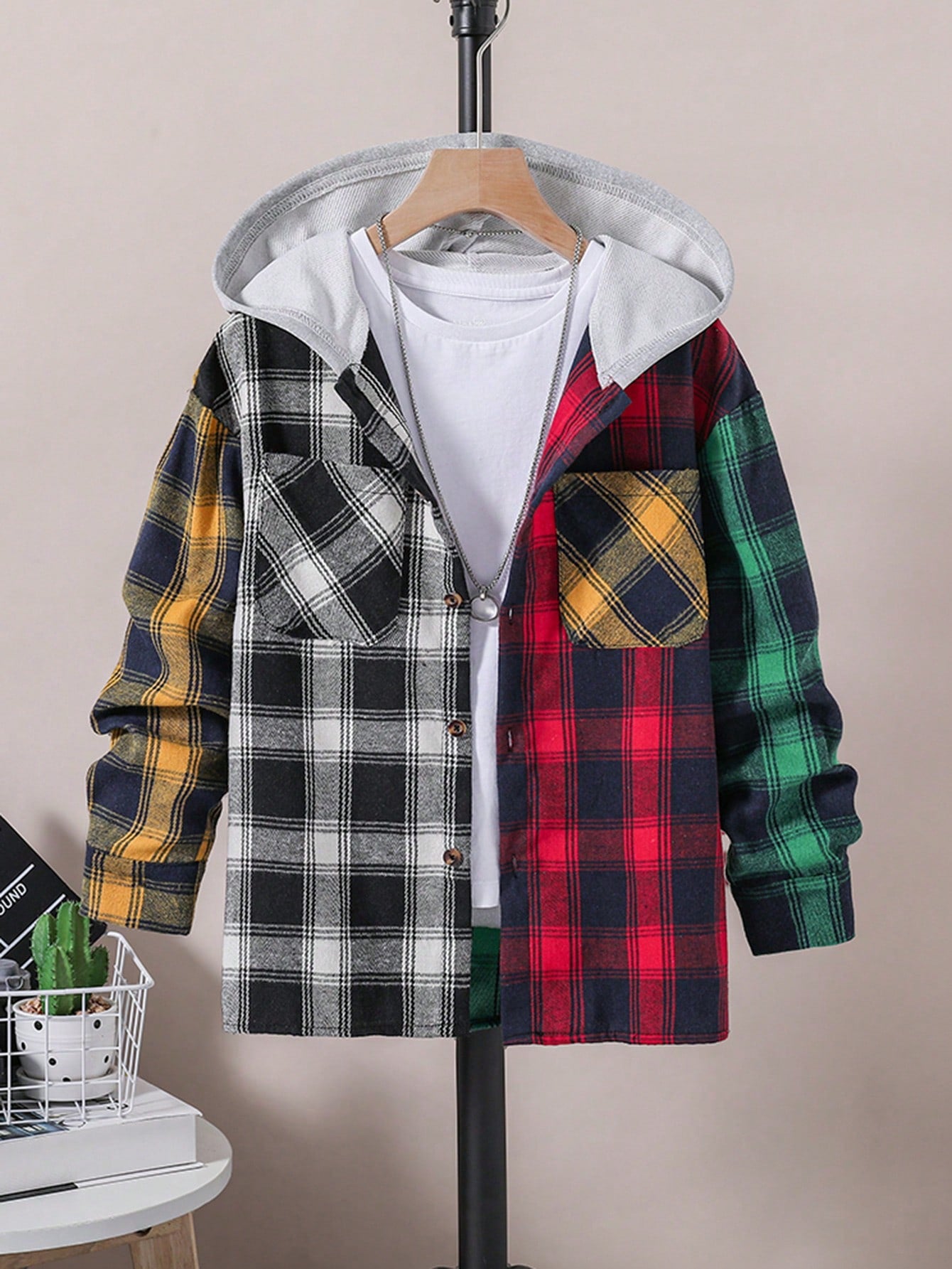 Tween Boys Plaid Print Colorblock Hooded Shirt Without Tee