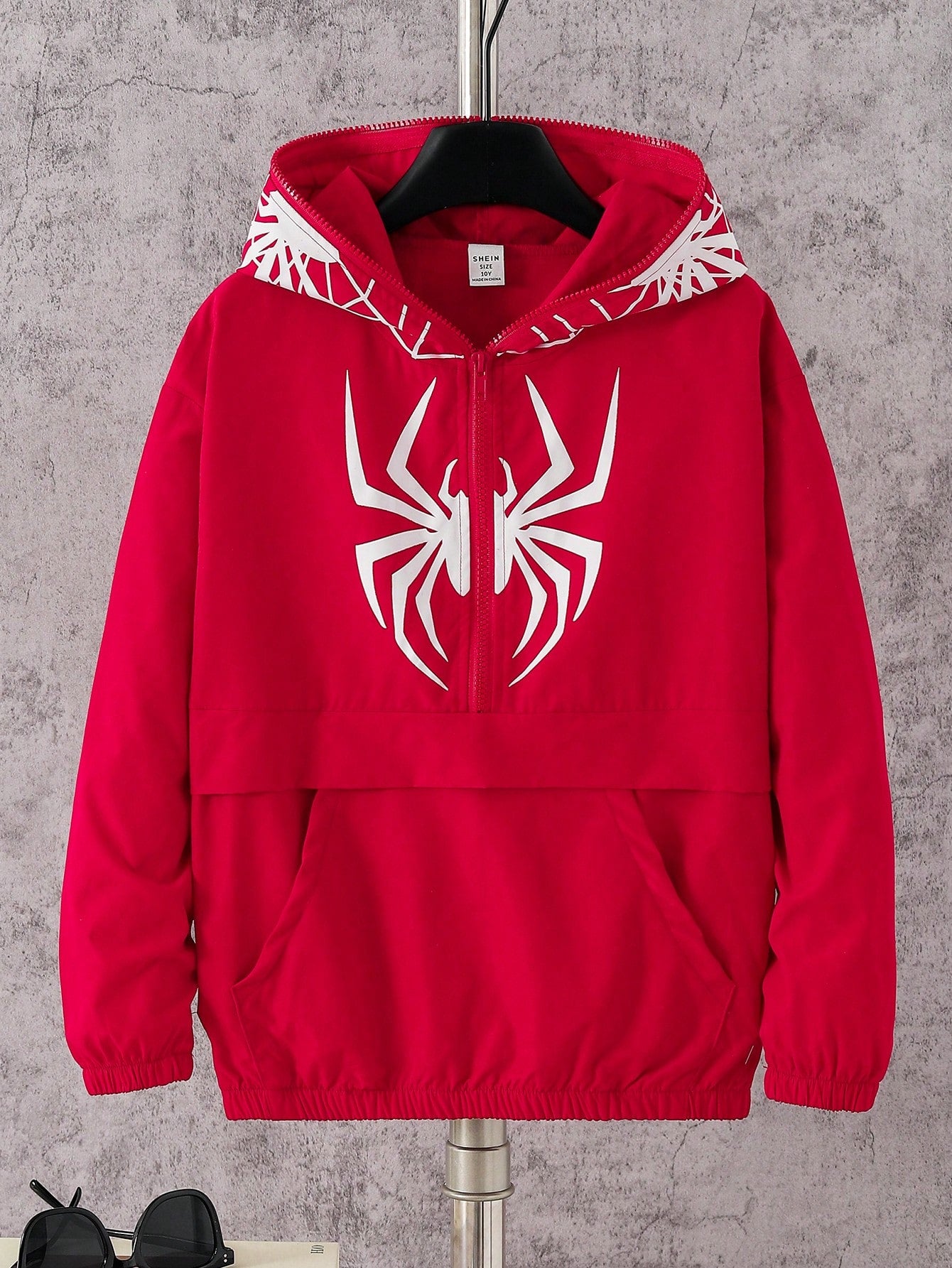 Tween Boy Spider Print Hooded Jacket, Street Fashion, Youth