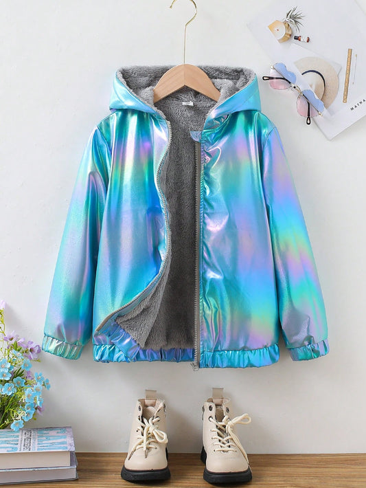 Girls' Colorful Shiny Long Sleeve Hooded Jacket With Front Zipper And Faux Fur Trim