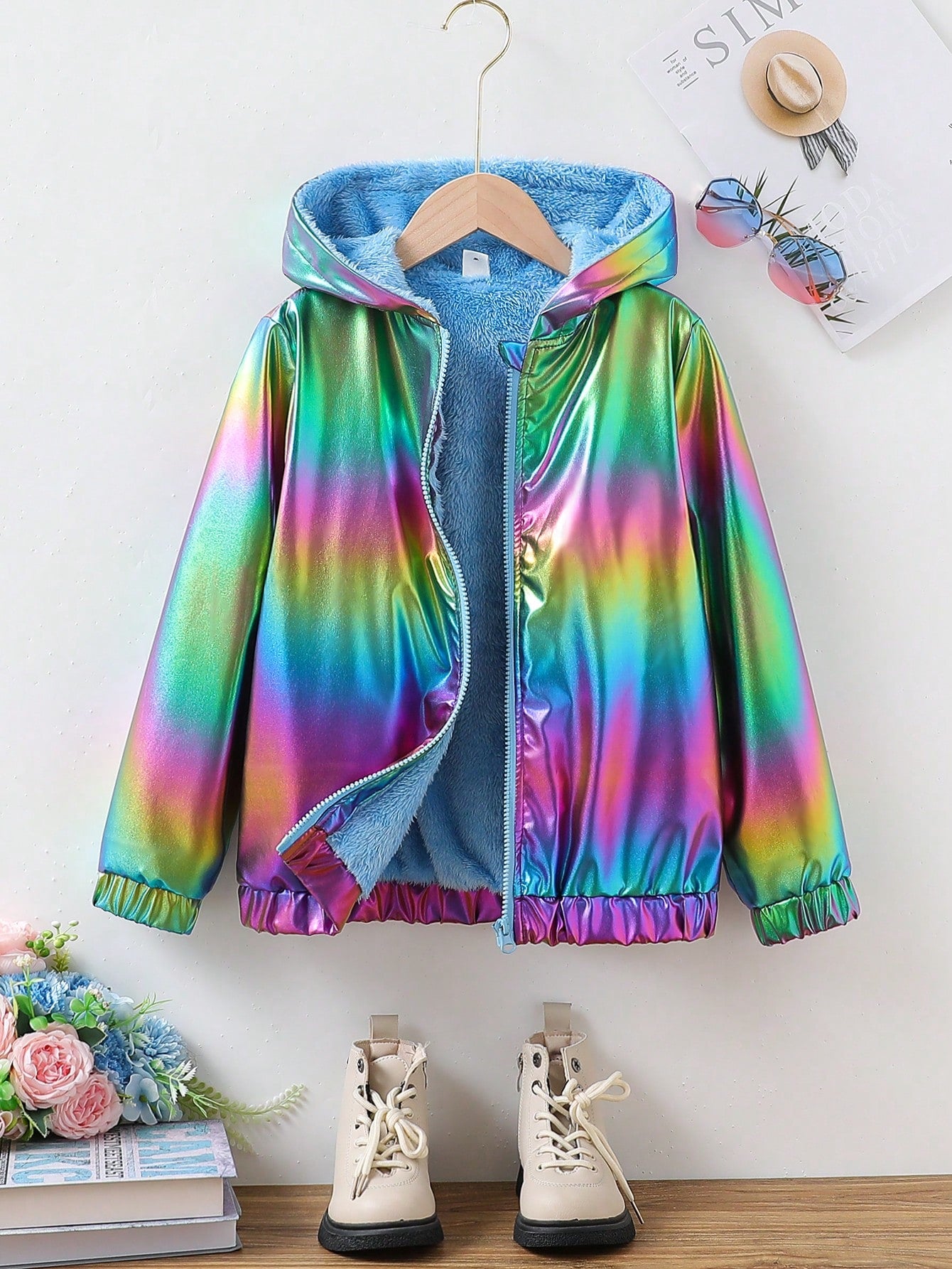 Tween Girl Casual Hooded Colorful Fabric Jacket With Faux Fur