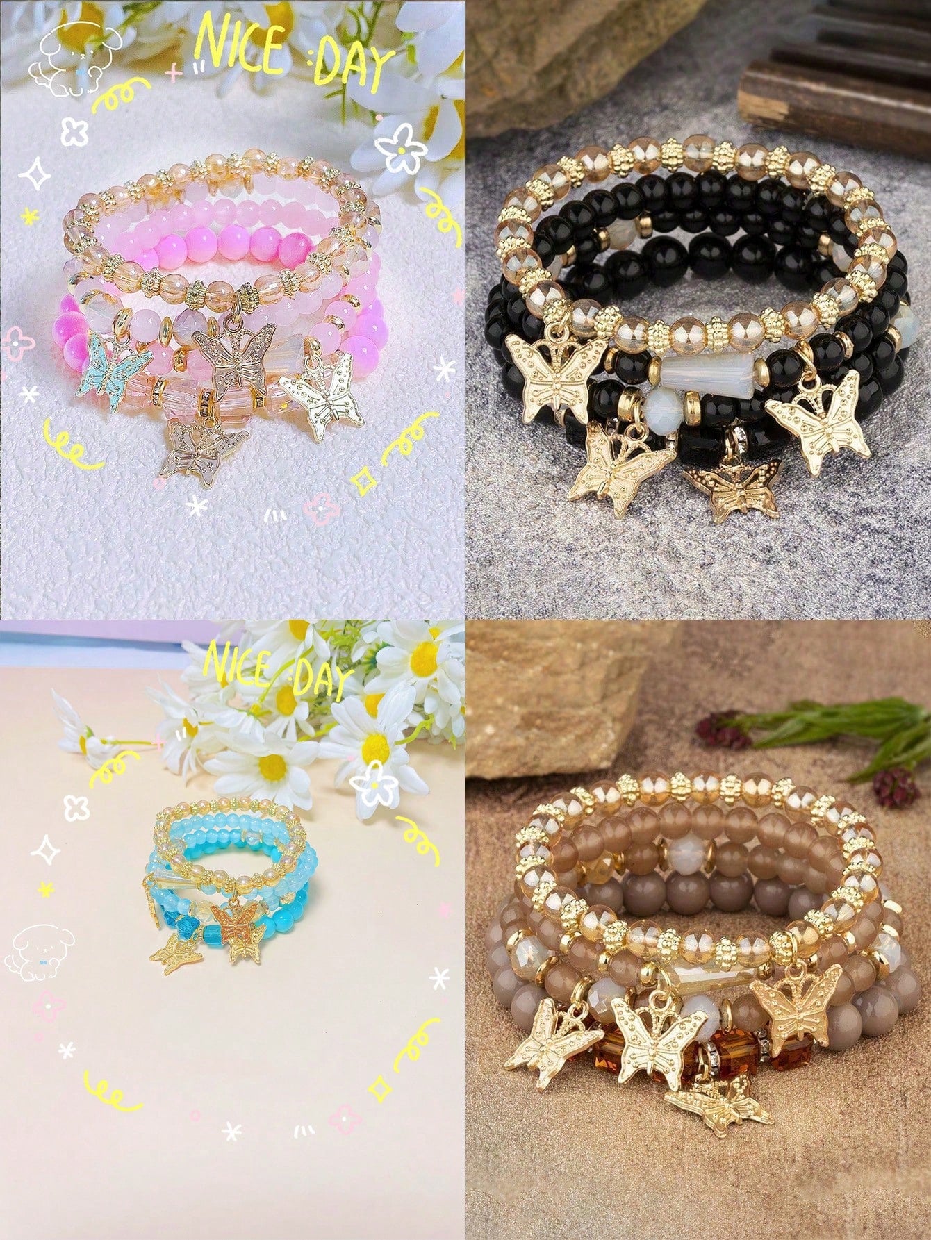 4pcs/Set Charming Resin Butterfly Pendant Beaded Bracelet, Bohemian Style Bracelet, Ideal For Daily Wear For Girls