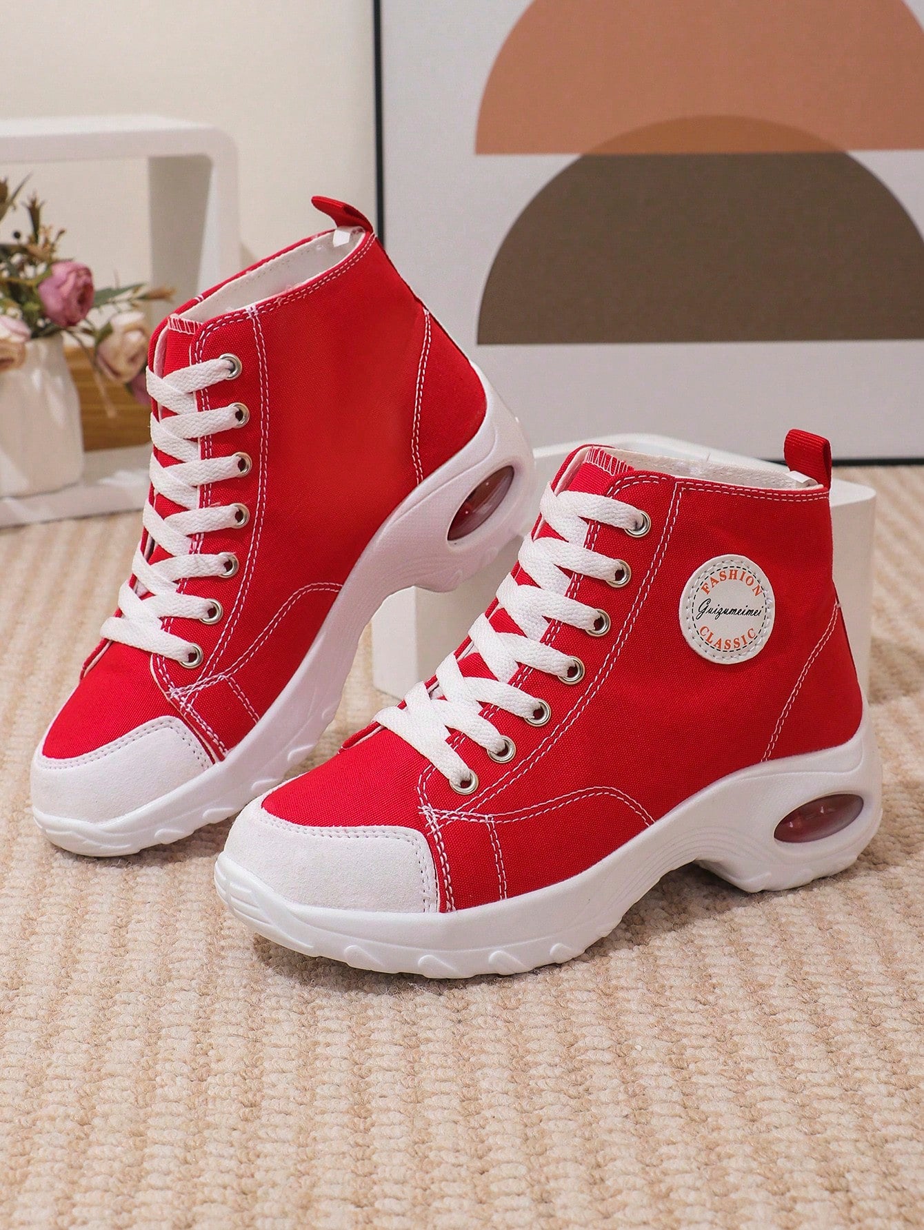 Women's Red Breathable Wedge Canvas Shoes, Heel Height Of 4.5CM/1.17IN With Height-Increasing Lace-Up Design, Fashionable Ankle Boots With Outdoor PU Air Cushion Sole