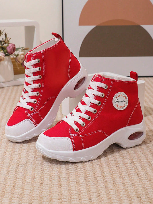 Women's Red Breathable Wedge Canvas Shoes, Heel Height Of 4.5CM/1.17IN With Height-Increasing Lace-Up Design, Fashionable Ankle Boots With Outdoor PU Air Cushion Sole