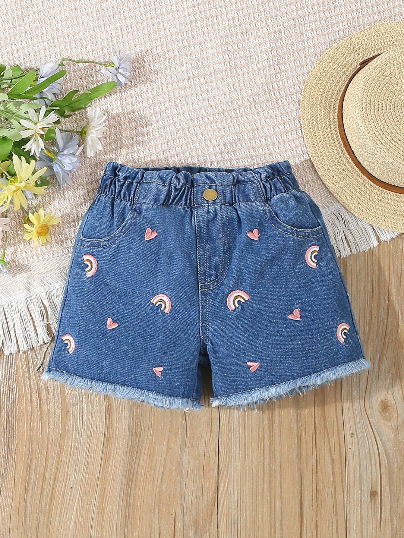 Young Girls Heart & Rainbow Embroidered Denim Shorts For Summer