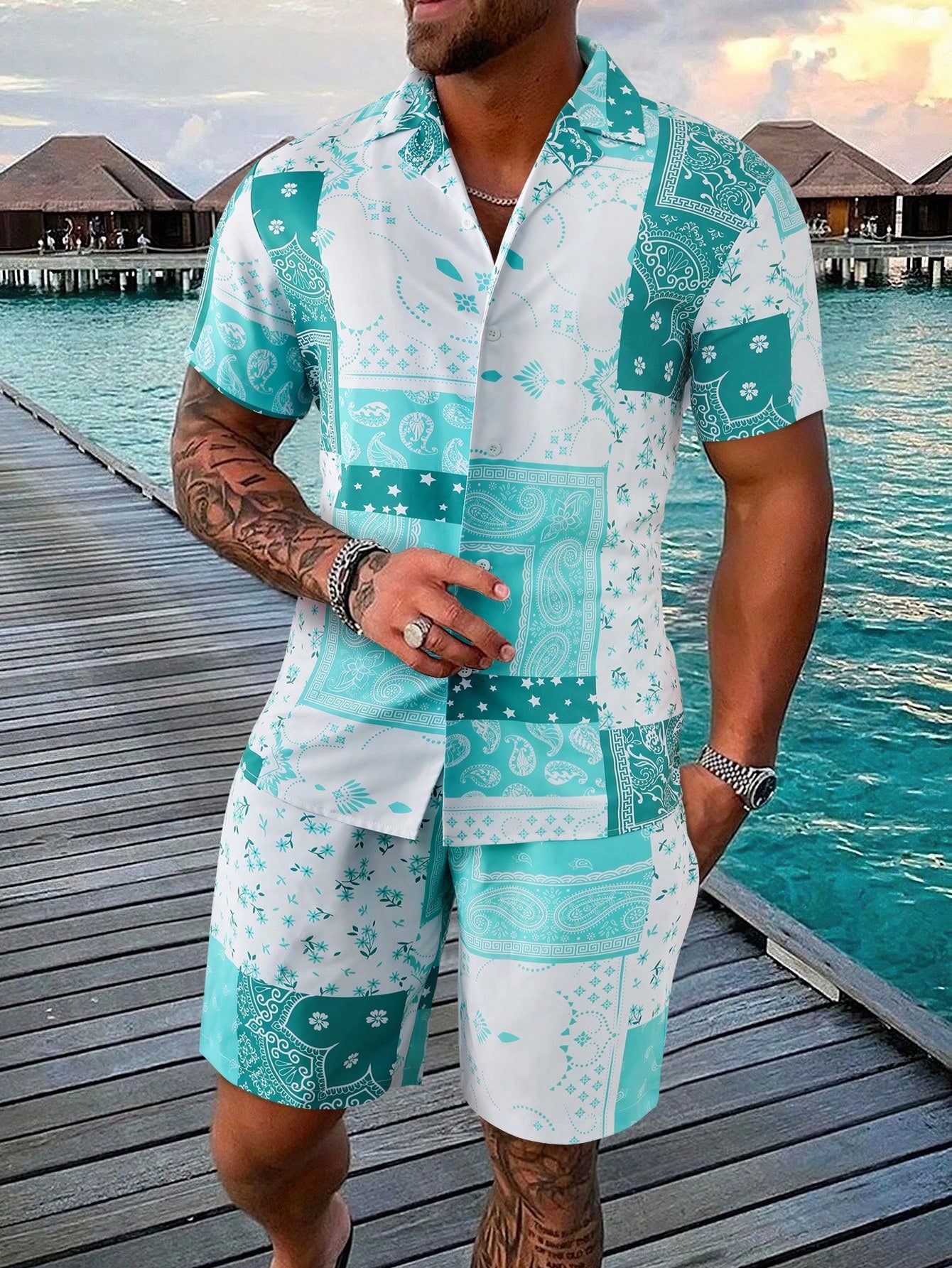 Men Random Paisley Scarf Print Shirt & Shorts Without Tee