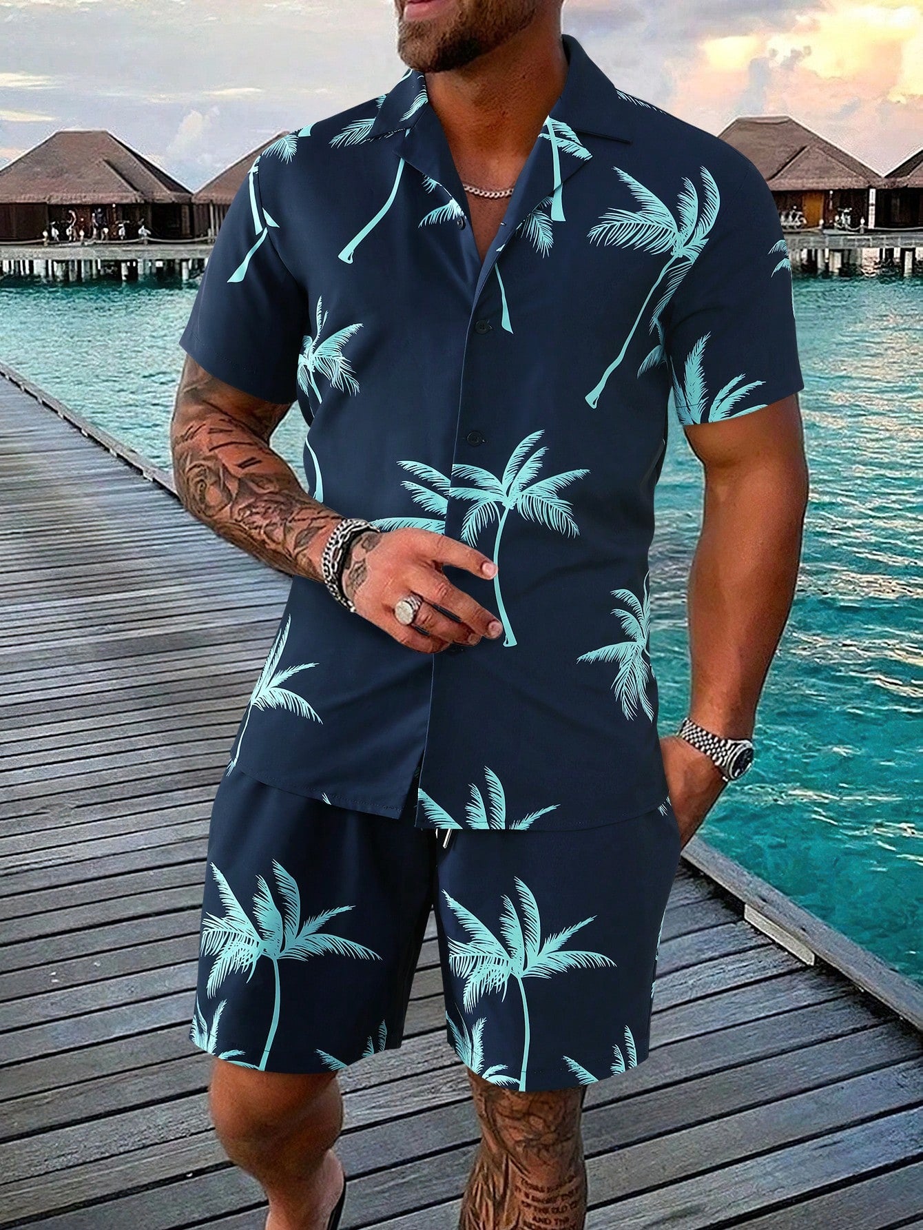 Men Random Palm Tree Print Shirt & Drawstring Waist Shorts Without Tee