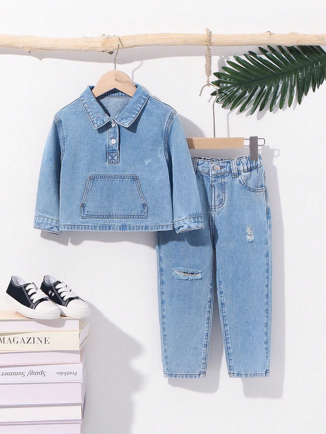 Young Boy Casual Street Style Distressed Washed Denim Long Sleeve Shirt And Long Pants Two-Piece Set