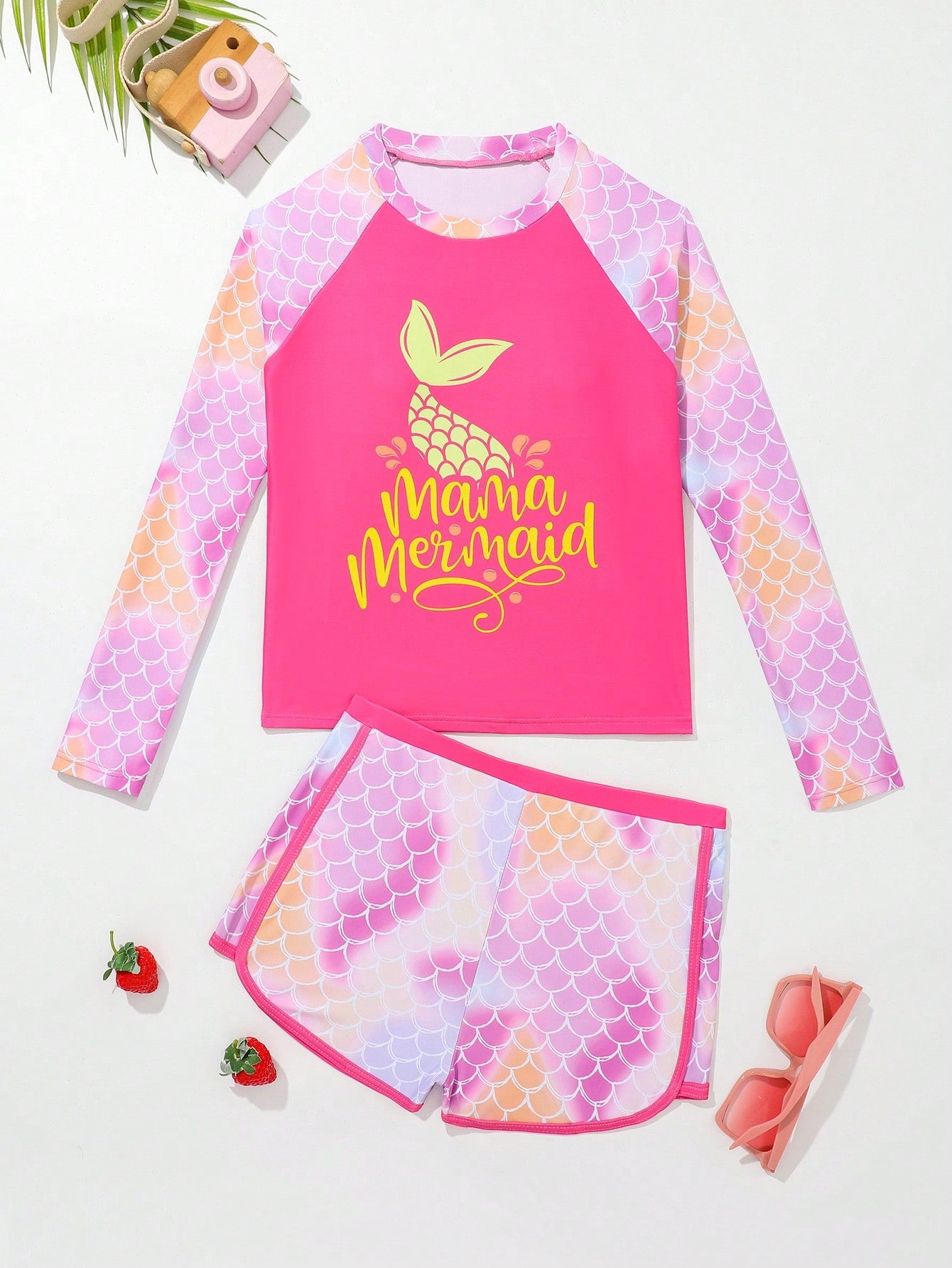 Tween Girl Tankini Outfit Set, Printed Top And Shorts, Random Printing