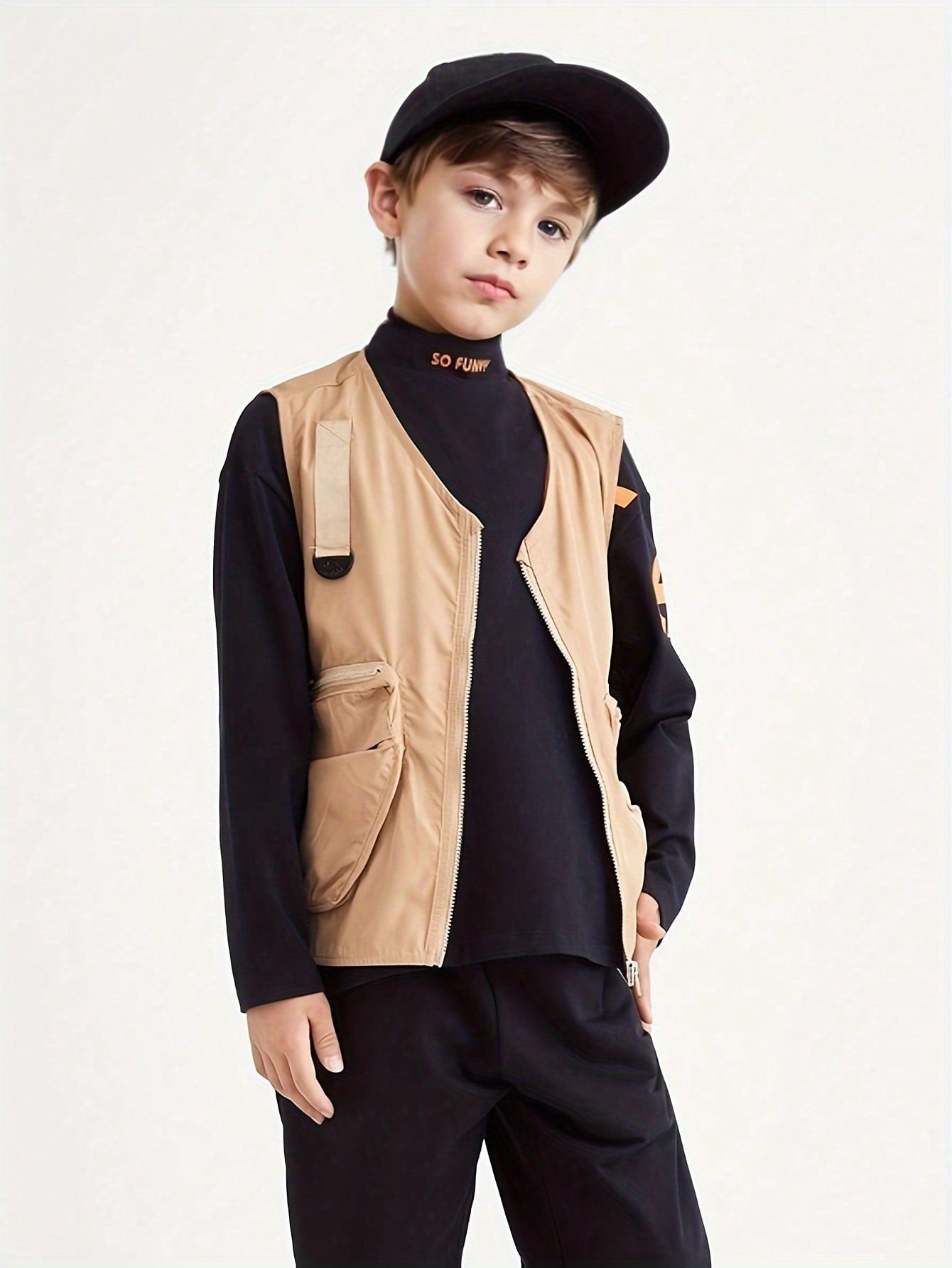 Boys' Fashion Casual Work Attire, Vest, Coat, And Vest Khaki