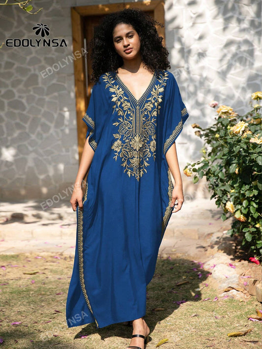 Embroidery Blue Kaftan Women Bohemian House Dress Split Thigh Beachwear Dubai Abaya Vacation