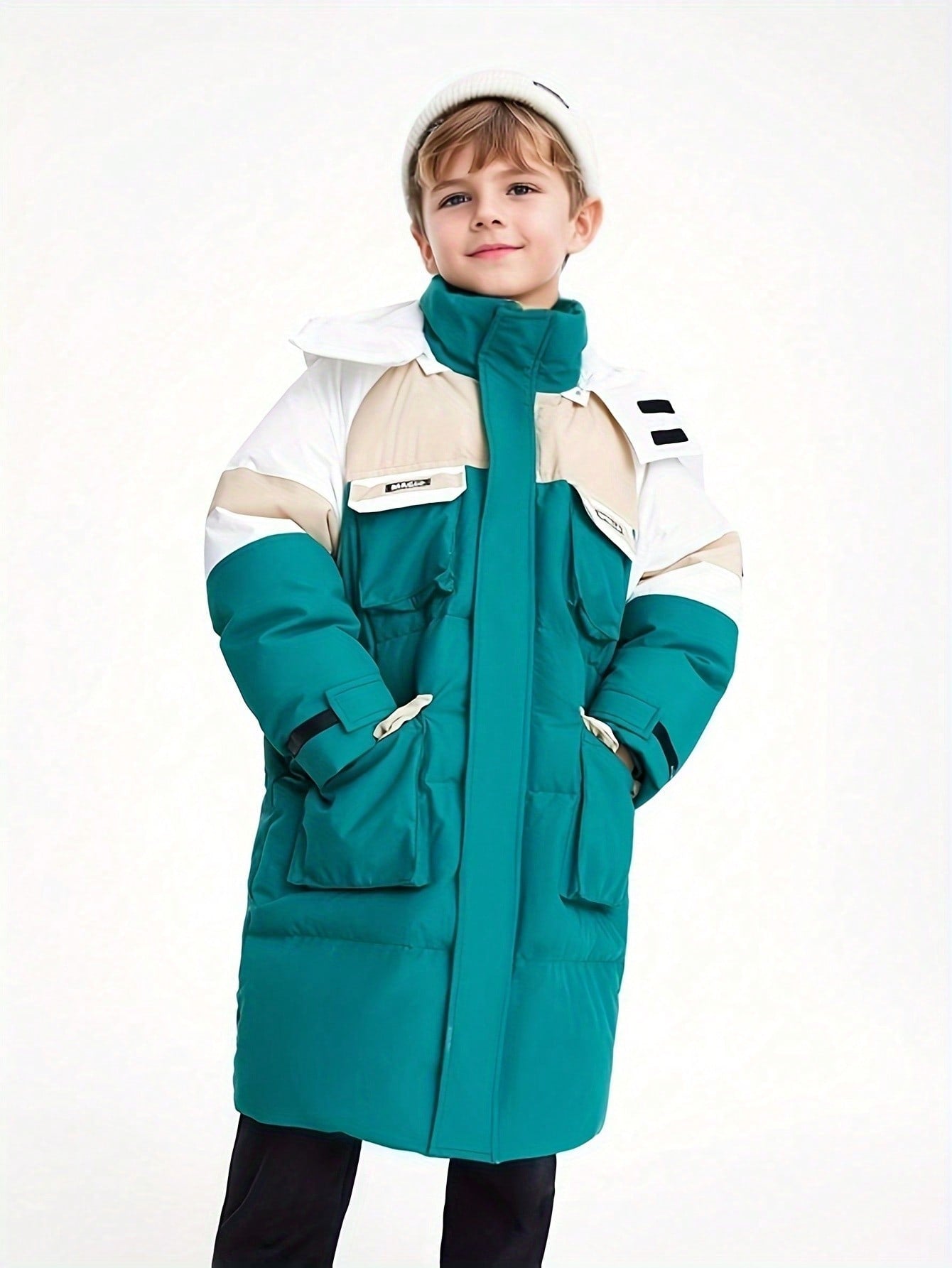 Boys' Winter Thickened Warm Fashion Loose Hooded Long Down Coat Green