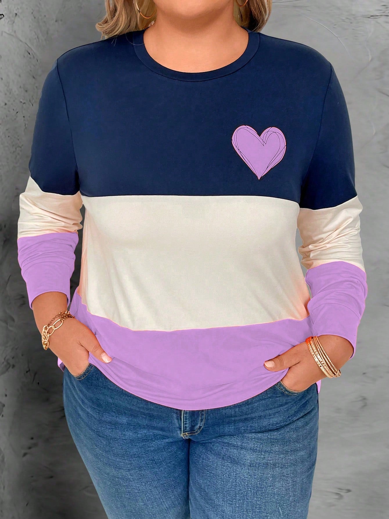 Plus Size Women's Heart Pattern Three-Color Splicing T-Shirt